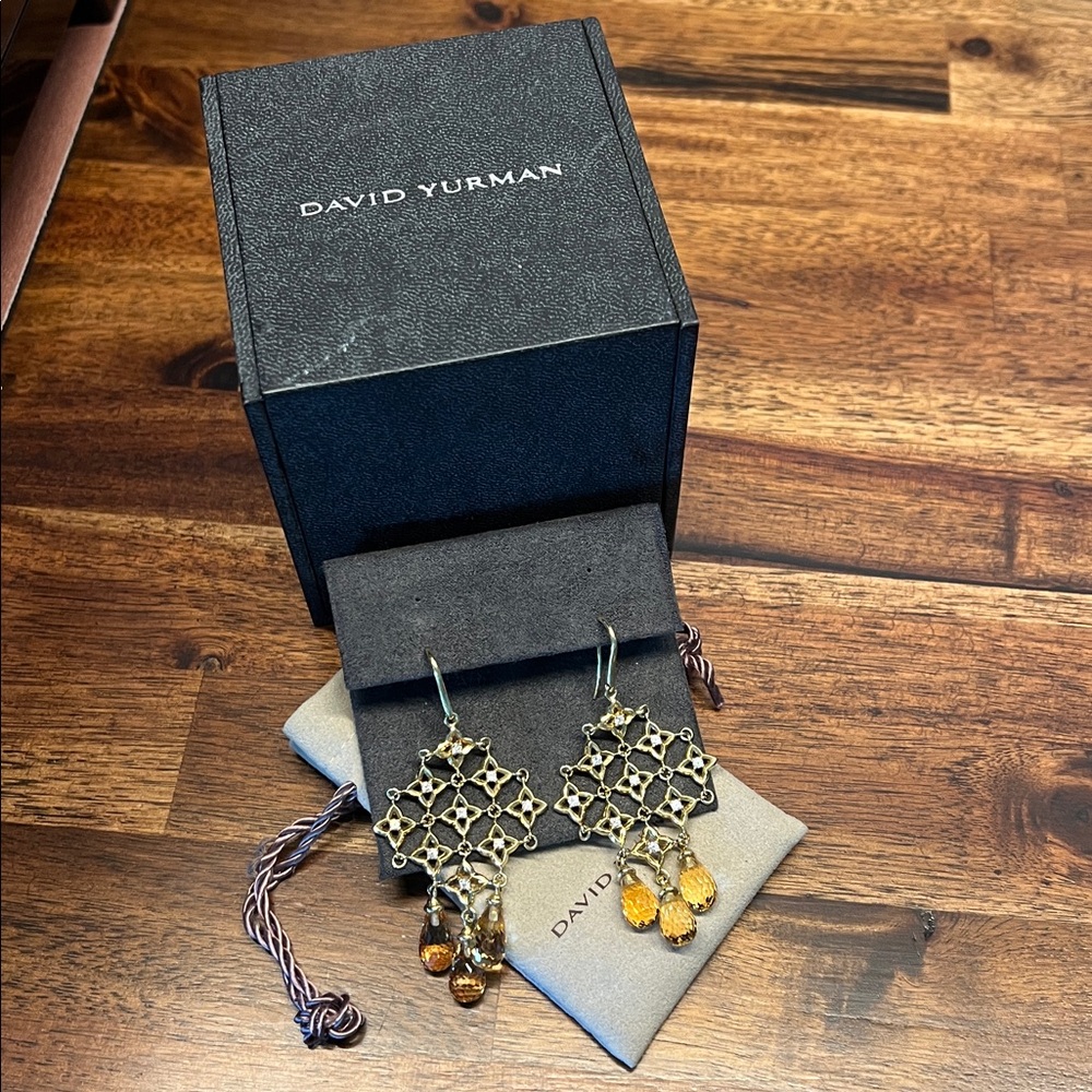 David Yurman 18K Yellow Gold Quatrefoil Citrine Chandelier Diamond Earrings